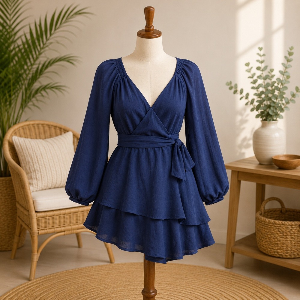 NWT Cupshe Romper Womens Small Navy Blueโ Long Balloon Sleeve Tiered Ruffle Mini